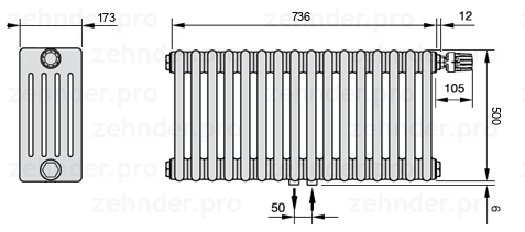 Схема (чертеж) Радиатор Zehnder Charleston 5050/16 №V008 Белый глянцевый RAL 9016